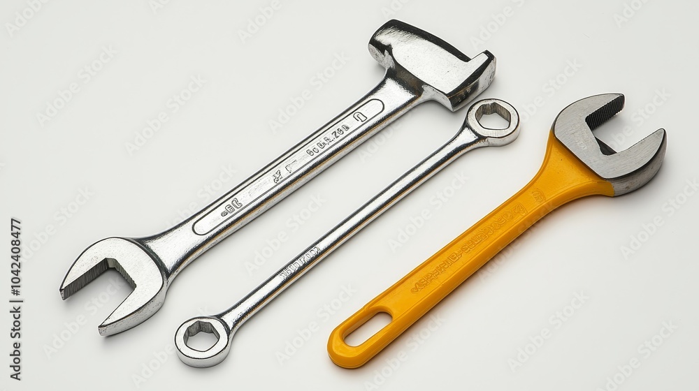 Assorted tools close-up, hammer, screwdriver, and wrench isolated on white background, perfect for professional hardware advertisement, clean minimal design Assorted tools close-up, hammer, screwdriver, and wrench isolated on white background, perfect for professional hardware advertisement, clean minimal design