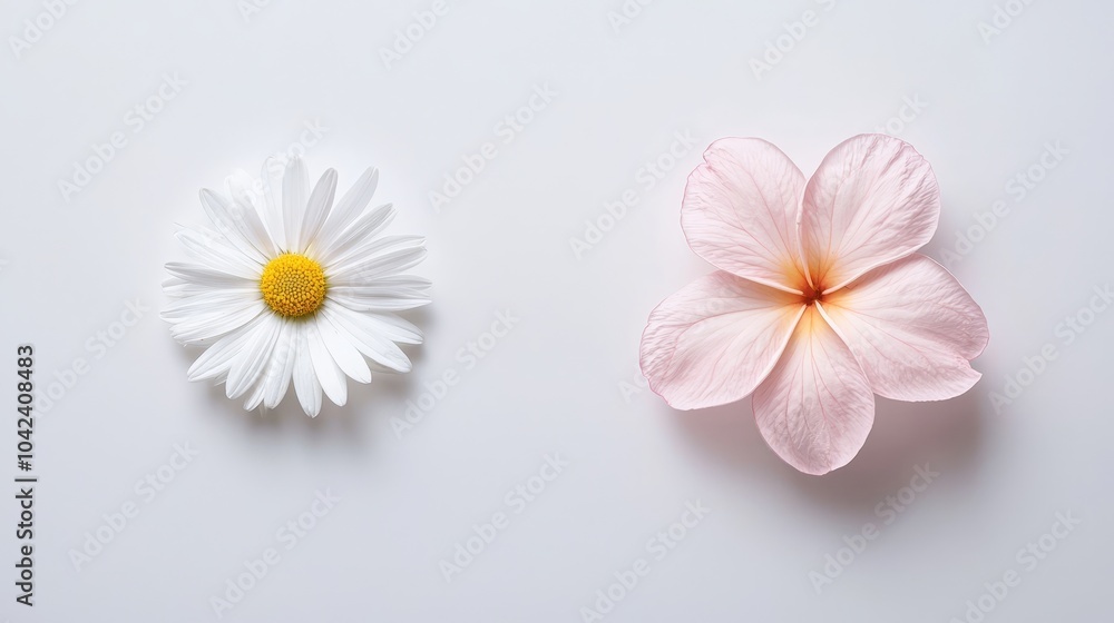 Obraz premium Isolated close-up of a daisy alongside a pink plumeria, on a white background, perfect for natural beauty product ads, delicate and fresh floral look