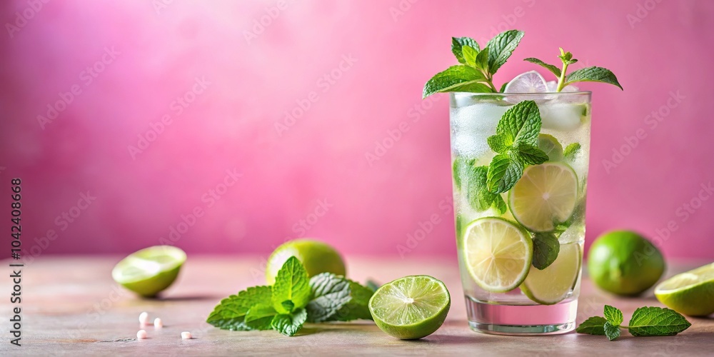 Refreshing summer mojito cocktail on pink background with natural light depth of field Refreshing summer mojito cocktail on pink background with natural light depth of field