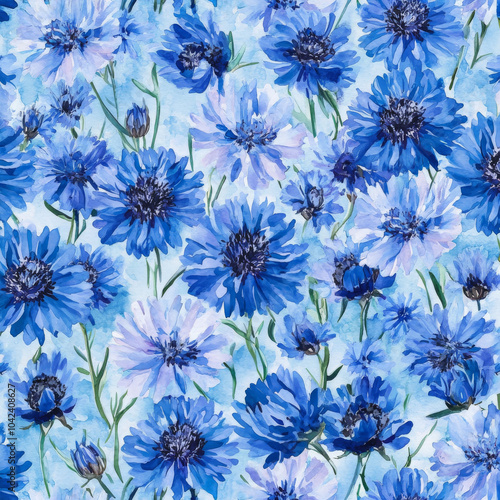 Seamless pattern of blue cornflowers, hand-painted in watercolor. The floral design features vibrant cornflower blooms with their distinctive blue color, creating a lively botanical background perfect