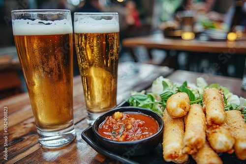 a plate of food and a glass of beer on a table