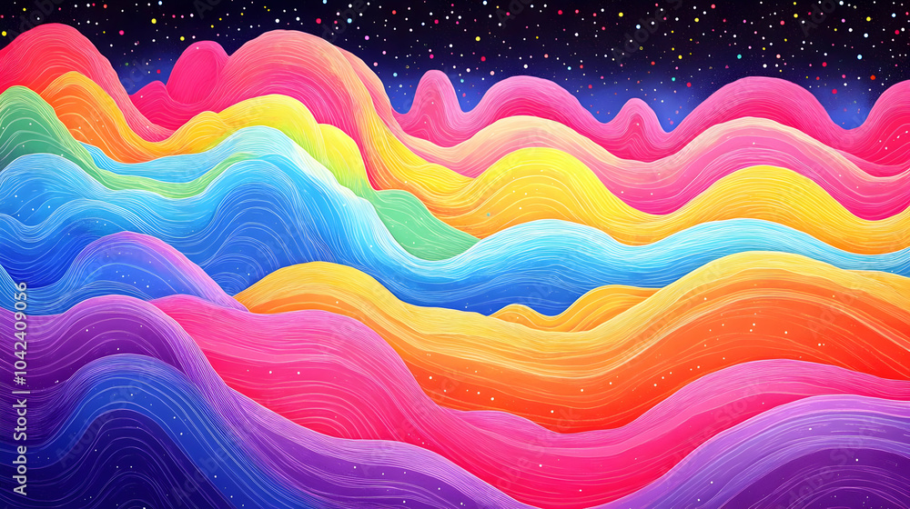 Vibrant abstract waves in colorful hues against a starry background. Vibrant abstract waves in colorful hues against a starry background.
