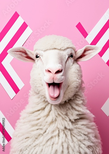 Happy sheep posing cheerfully against a bright pink background with playful design elements photo