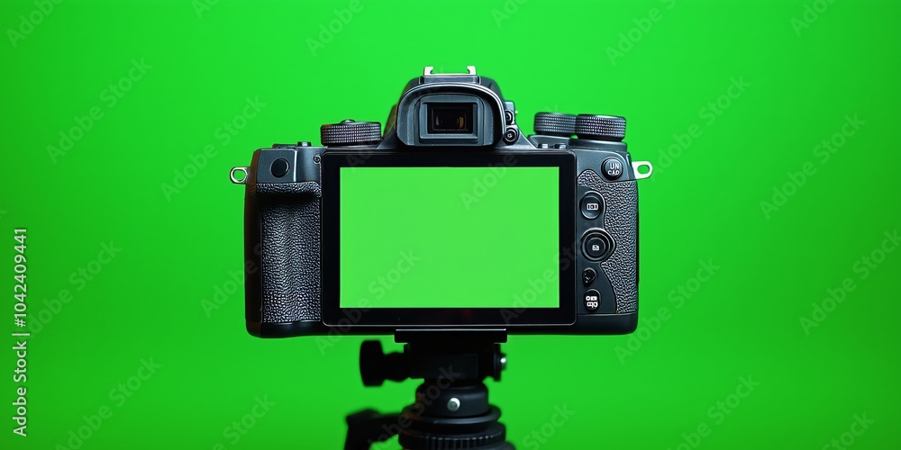 A DSLR camera, mounted on a tripod, stands poised before a vibrant green screen A DSLR camera, mounted on a tripod, stands poised before a vibrant green screen