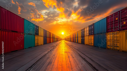 Sunset over shipping contai...