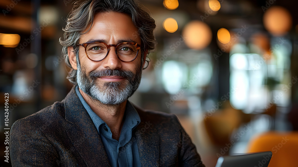 A smiling man with glasses in a cozy caf? setting. A smiling man with glasses in a cozy caf? setting.
