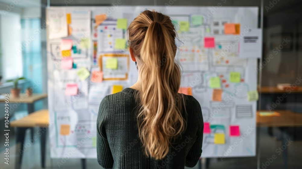 Woman with long blonde hair in a ponytail, looking at a white board covered in sticky notes with colorful writing and diagrams. Woman with long blonde hair in a ponytail, looking at a white board covered in sticky notes with colorful writing and diagrams.