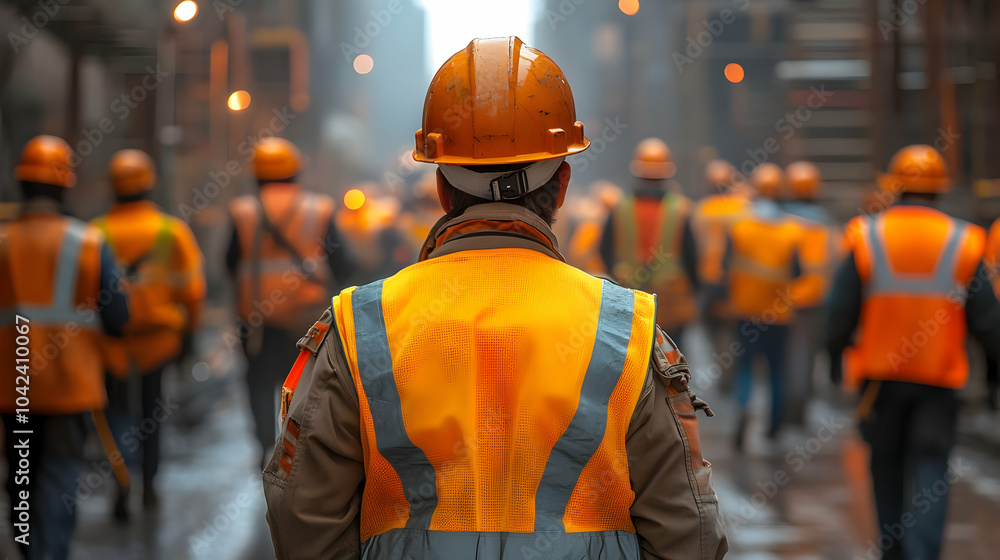 Workers in safety gear walking through an industrial area. Workers in safety gear walking through an industrial area.