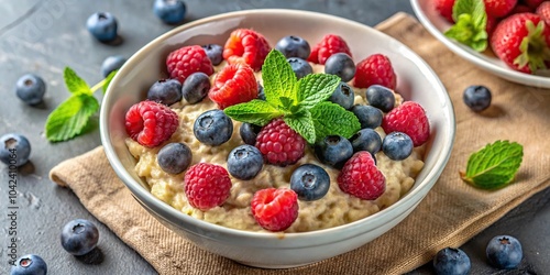 Delicious oatmeal porridge with fresh berries and mint