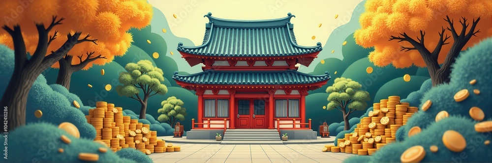 Naklejka premium A vibrant illustration of a traditional Asian temple surrounded by autumn foliage and golden coins, symbolizing prosperity and cultural richness.