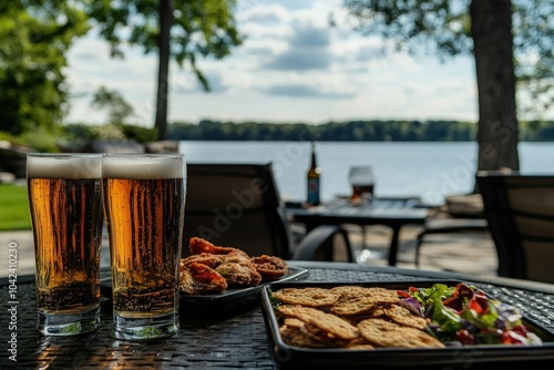 a couple of glasses of beer sitting on top of a table