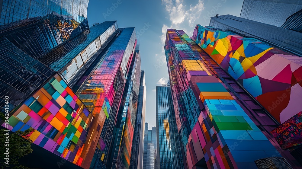 Naklejka premium Skyscrapers soar into a clear sky, contrasted by vivid street art murals that bring energy and life to the sleek, urban surroundings