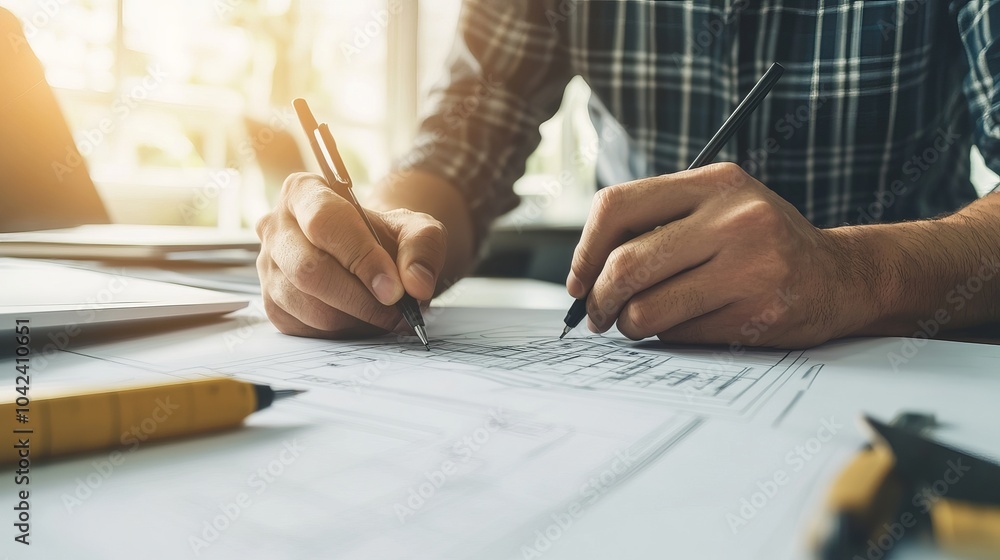 A cropped image of an unrecognizable male architect drafting a building and erasing lines while working on a project from home A cropped image of an unrecognizable male architect drafting a building and erasing lines while working on a project from home
