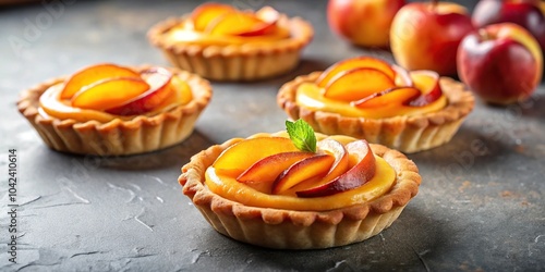 Delicious peach tartlets on grey table closeup photo