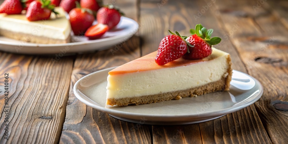 Delicious piece of dessert with strawberries on a rustic wooden table Delicious piece of dessert with strawberries on a rustic wooden table