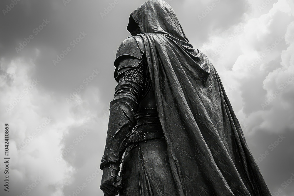 A Cloaked Figure Standing Tall Against a Cloudy Sky A Cloaked Figure Standing Tall Against a Cloudy Sky