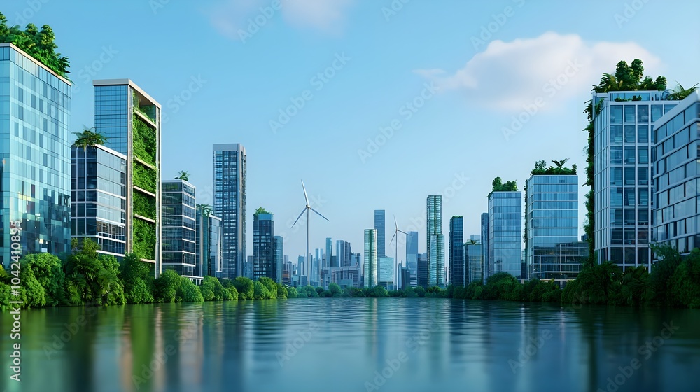 Fototapeta premium Green Cityscape with Wind Turbines