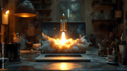 A laptop displaying a rocke...
