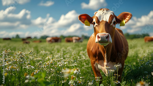A brown cow stands in a flo...