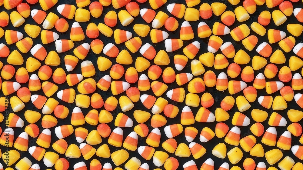 Fototapeta premium Halloween candy corn background with vibrant orange, yellow, and white colors on black surface