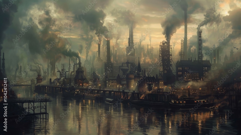 Naklejka premium A dark and moody illustration of an industrial city with a river running through it, the air filled with smoke and steam.