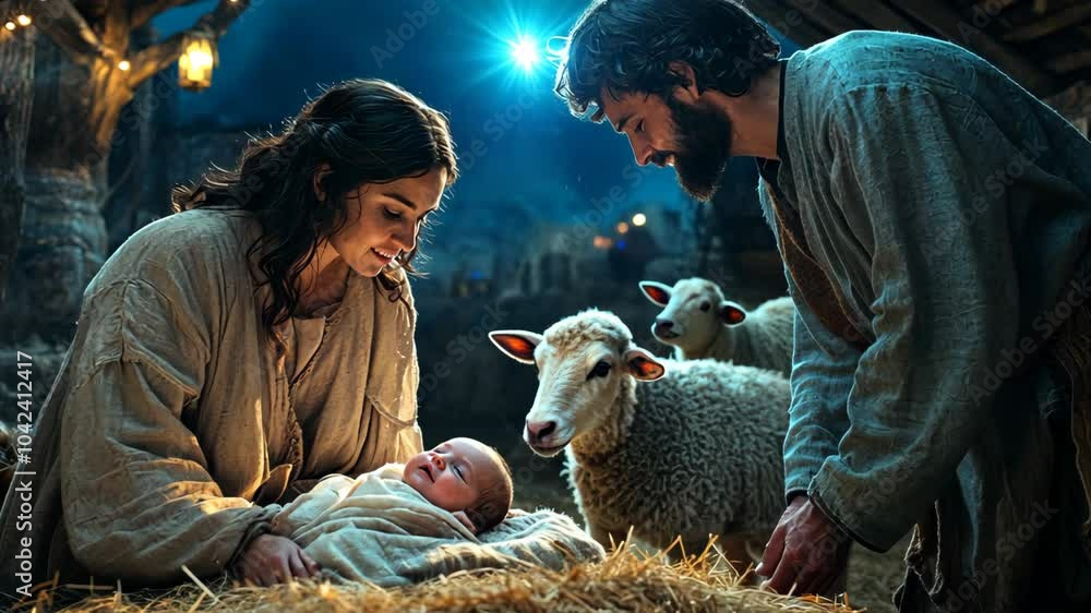 Virgin Mary holding baby Jesus Christ and Joseph looking them ...