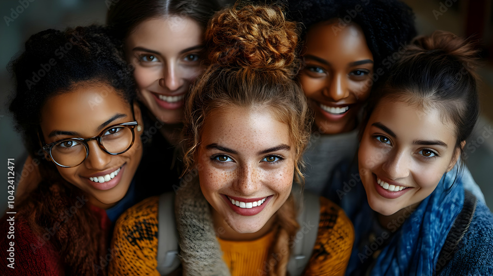 Group of five smiling young women posing together happily. Group of five smiling young women posing together happily.