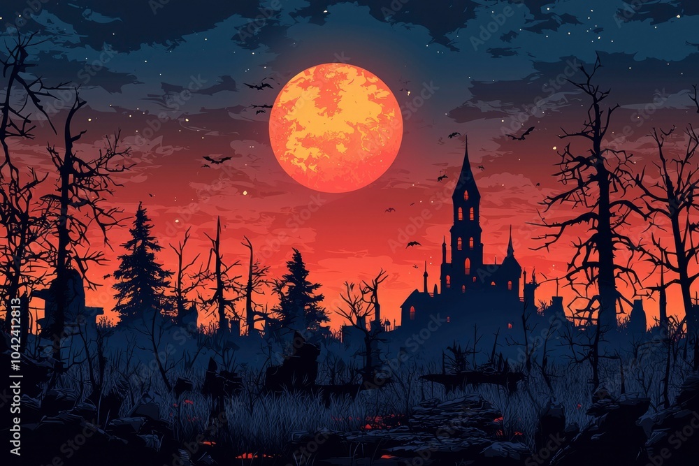 A Silhouetted Haunted Castle with a Full Moon and Bats Flying in a Dark Forest A Silhouetted Haunted Castle with a Full Moon and Bats Flying in a Dark Forest
