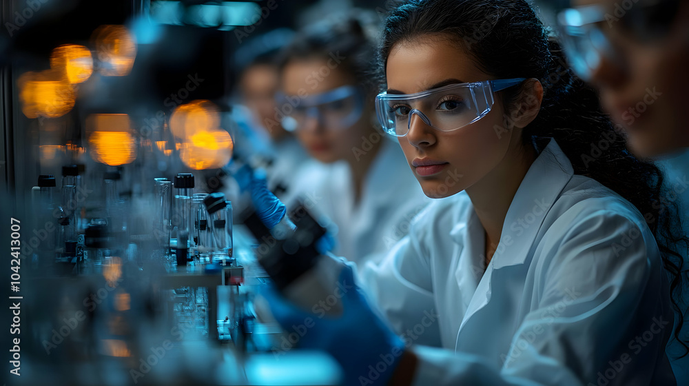 A focused scientist conducting research in a laboratory setting. A focused scientist conducting research in a laboratory setting.