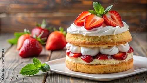 Delicious strawberry shortcake with fresh strawberries and whipped cream on a white plate