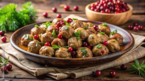 delicious Swedish meatballs with cranberries and fresh herbs on rustic plate with copy space