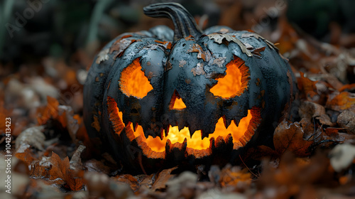 A carved black pumpkin glow...
