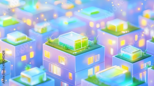 Colorful Cityscape with Green Roofs