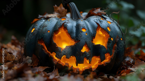 A carved pumpkin with glowi...