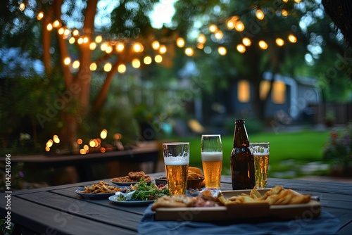 a wooden table topped with plates of food and glasses of beer