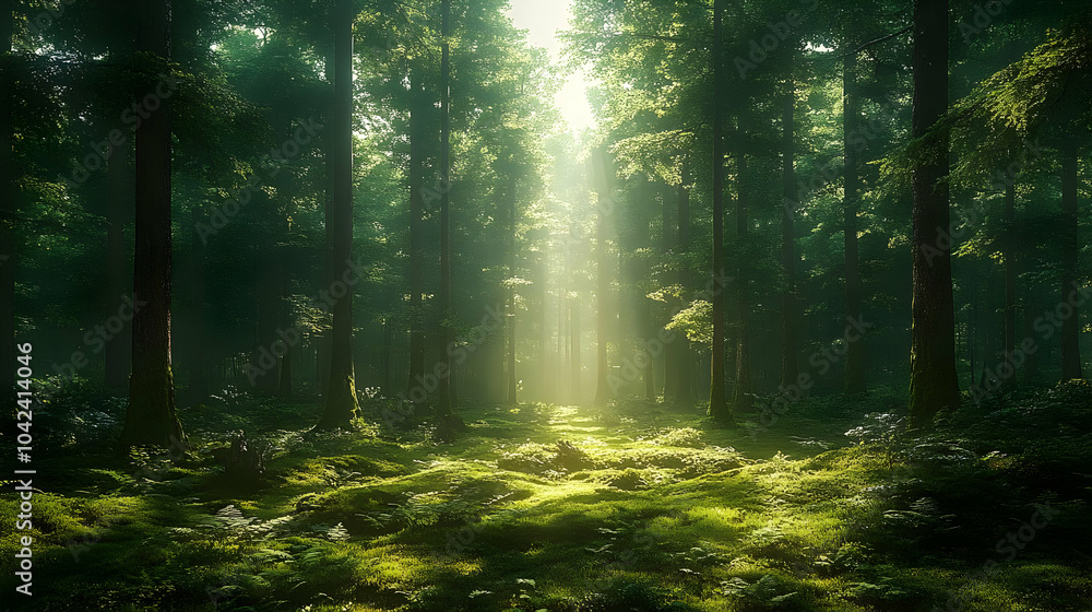 Fototapeta premium Sunlight filters through a serene forest, illuminating lush greenery.