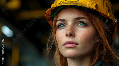 A woman with a hard hat gaz...