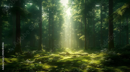 Sunlight filters through a serene forest, illuminating lush greenery.