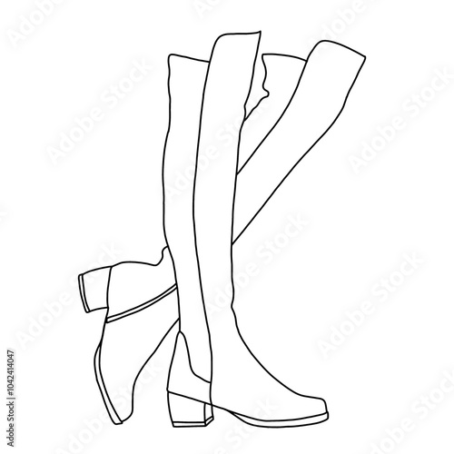Chunky Block Low Heel for Women's Over The Knee Thigh High Boots Line art, Technical sketch hand drawing outline vector doodle illustration side view isolated on white background