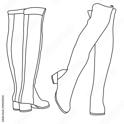 Chunky Block Low Heel for Women's Over The Knee Thigh High Boots Line art, Technical sketch hand drawing outline vector doodle illustration front and rear view isolated on white background