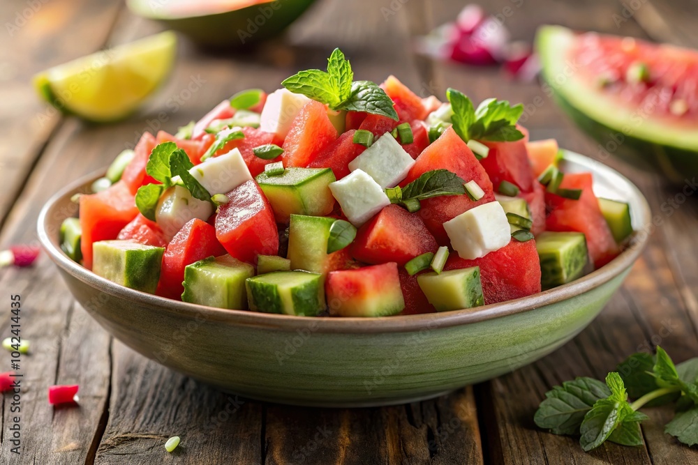 Delicious watermelon chaat with various ingredients Delicious watermelon chaat with various ingredients