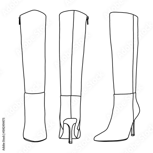 Chunky Block Low Heel for Women's Over The Knee Thigh High Boots Line art, Technical sketch hand drawing outline vector doodle illustration rear, side and front view isolated on white background