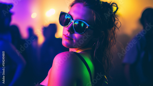 Captivating moments from a vibrant underground rave where young women dance in colorful lights and express their individuality photo