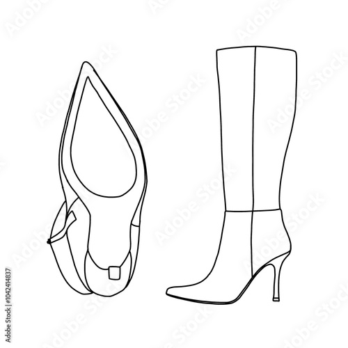Chunky Block Low Heel for Women's Over The Knee Thigh High Boots Line art, Technical sketch hand drawing outline vector doodle illustration side and bottom view isolated on white background