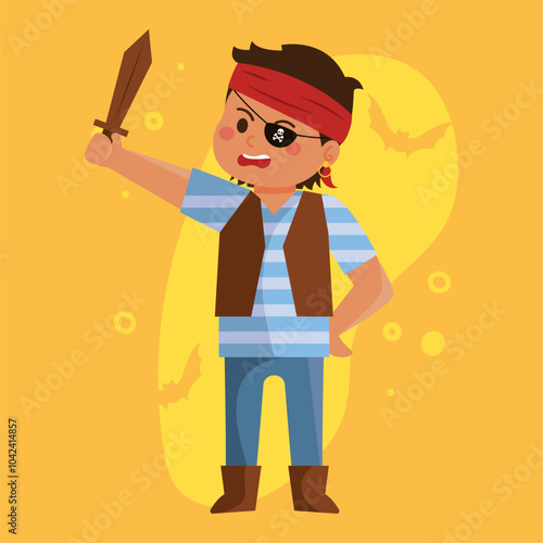 Pirate boy with sword and eyepatch for Halloween, Vector