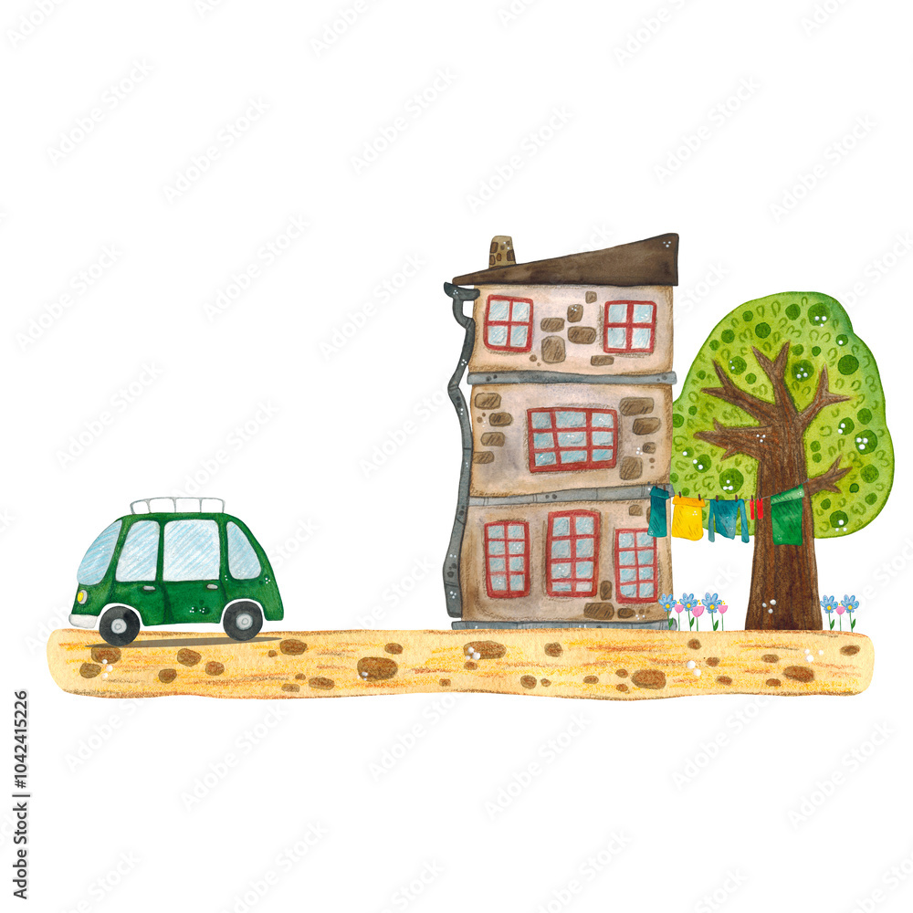 Naklejka premium Watercolor composition consisting of a stone house, tree, road and minibus. Hand drawn illustration. Isolate, composition, cartoon, children, child, boy, transport, auto, automobile, machines, travel