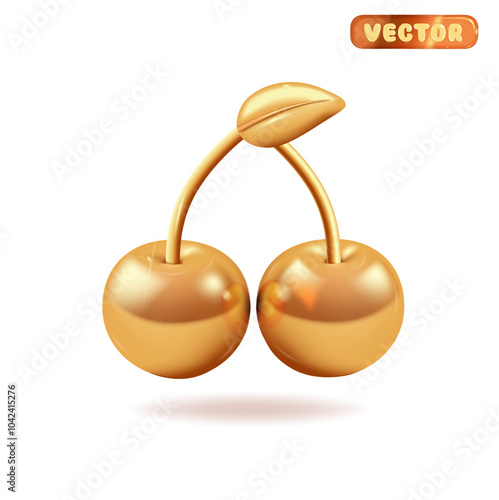 Golden cherry, the concept of winning. 3d golden cherry on white background, vector