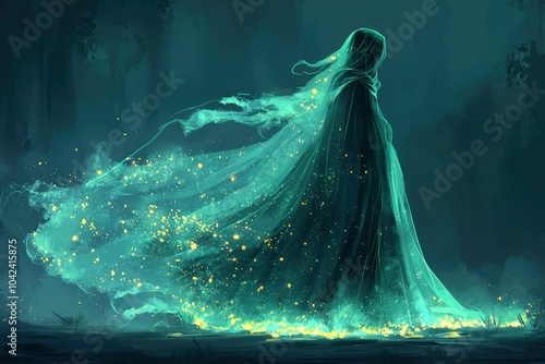 A Figure Enveloped in a Glowing Veil Walks Through a Dark Forest