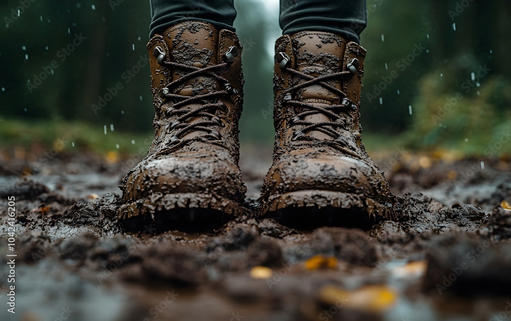 Muddy boots stand on a wet, muddy path in a forest, showcasing outdoor adventure. Muddy boots stand on a wet, muddy path in a forest, showcasing outdoor adventure.