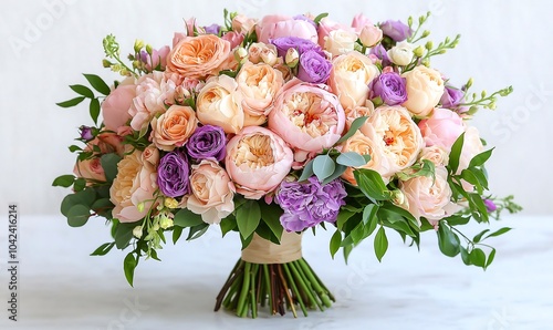 Beautiful flowers bouget with peonies and roses with a beautiful bundling. Bouquet is lying on a white marble table as a background photo